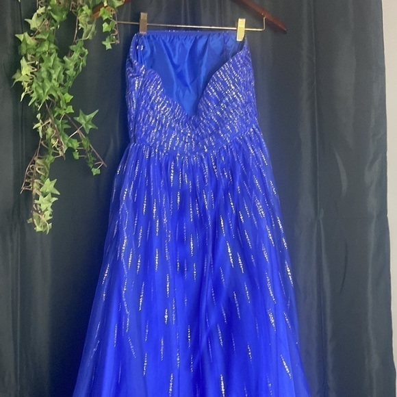 Morgan & Co. Blue Glittery Prom Dress Hi Low - Picture 6 of 8